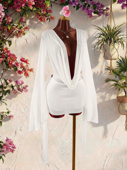 Amplova Romantic Elegant Sexy Vacation White Low Neckline Draped Collar Flared Sleeve Bodycon Mini Dress Vacation Summer