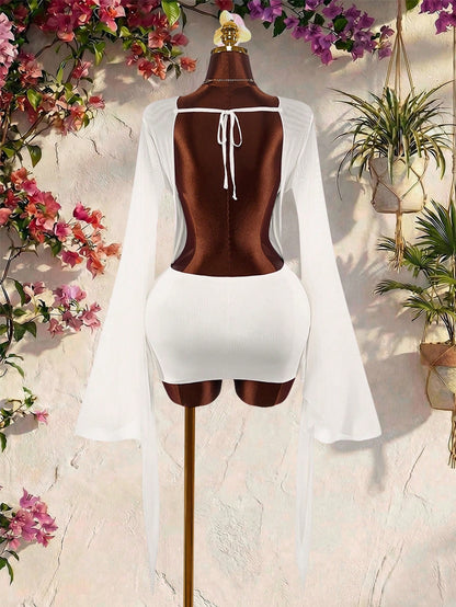 Amplova Romantic Elegant Sexy Vacation White Low Neckline Draped Collar Flared Sleeve Bodycon Mini Dress Vacation Summer