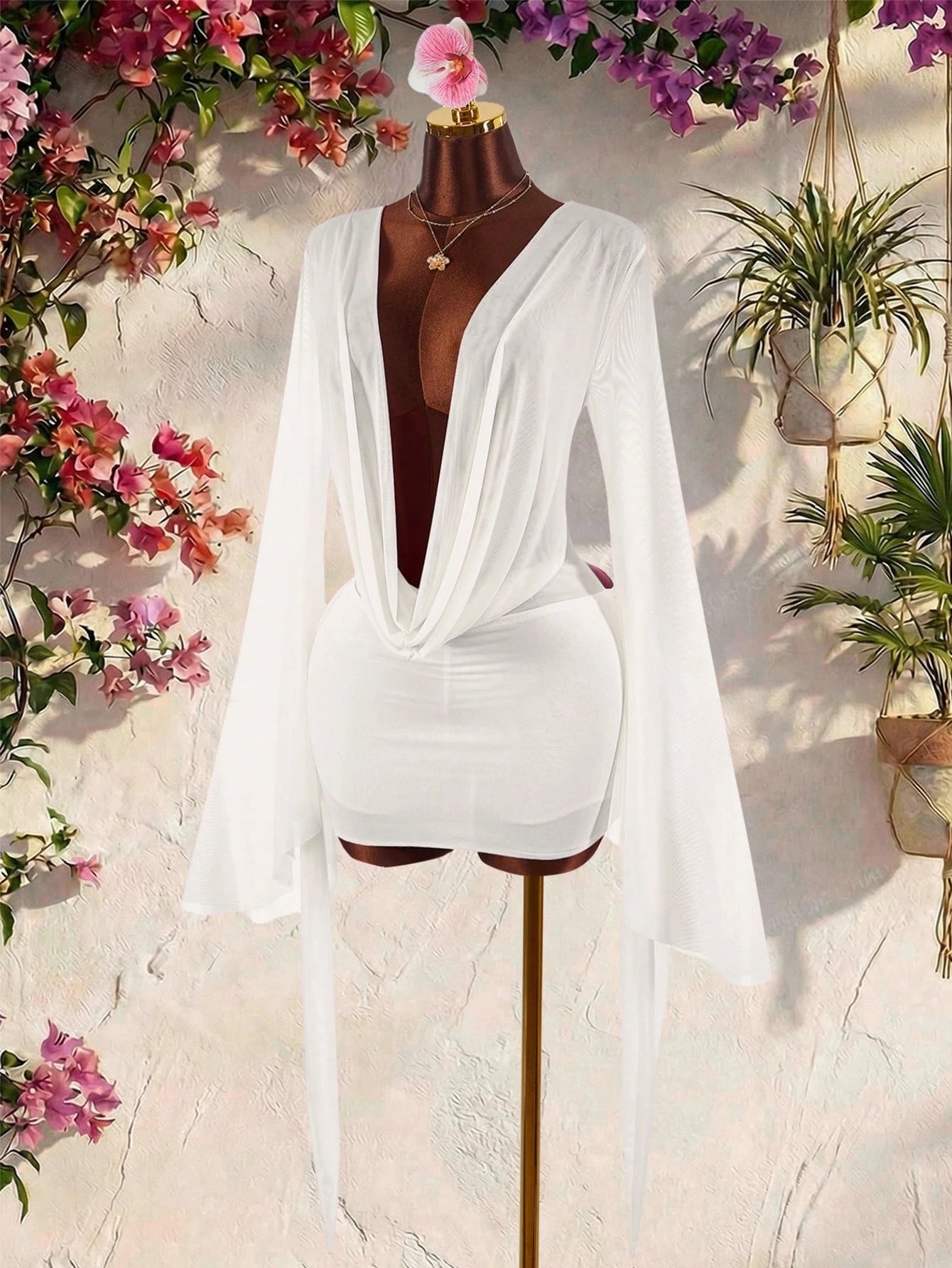 Amplova Romantic Elegant Sexy Vacation White Low Neckline Draped Collar Flared Sleeve Bodycon Mini Dress Vacation Summer