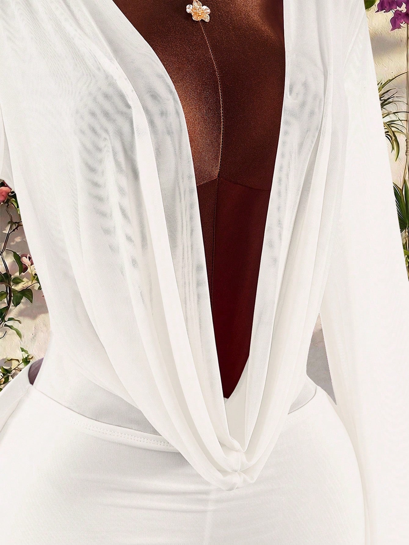 Amplova Romantic Elegant Sexy Vacation White Low Neckline Draped Collar Flared Sleeve Bodycon Mini Dress Vacation Summer