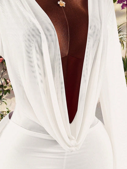 Amplova Romantic Elegant Sexy Vacation White Low Neckline Draped Collar Flared Sleeve Bodycon Mini Dress Vacation Summer