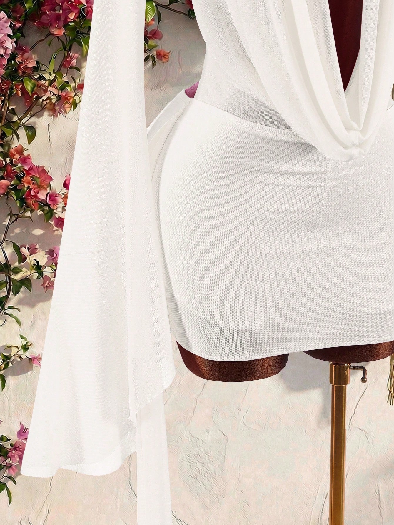 Amplova Romantic Elegant Sexy Vacation White Low Neckline Draped Collar Flared Sleeve Bodycon Mini Dress Vacation Summer