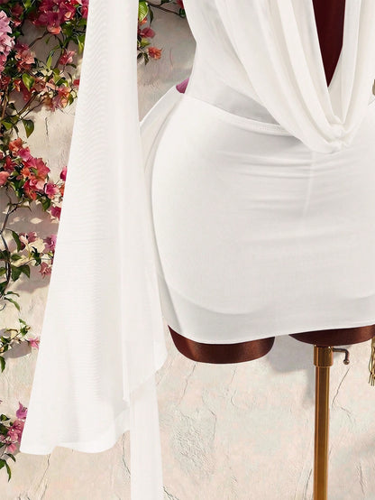Amplova Romantic Elegant Sexy Vacation White Low Neckline Draped Collar Flared Sleeve Bodycon Mini Dress Vacation Summer