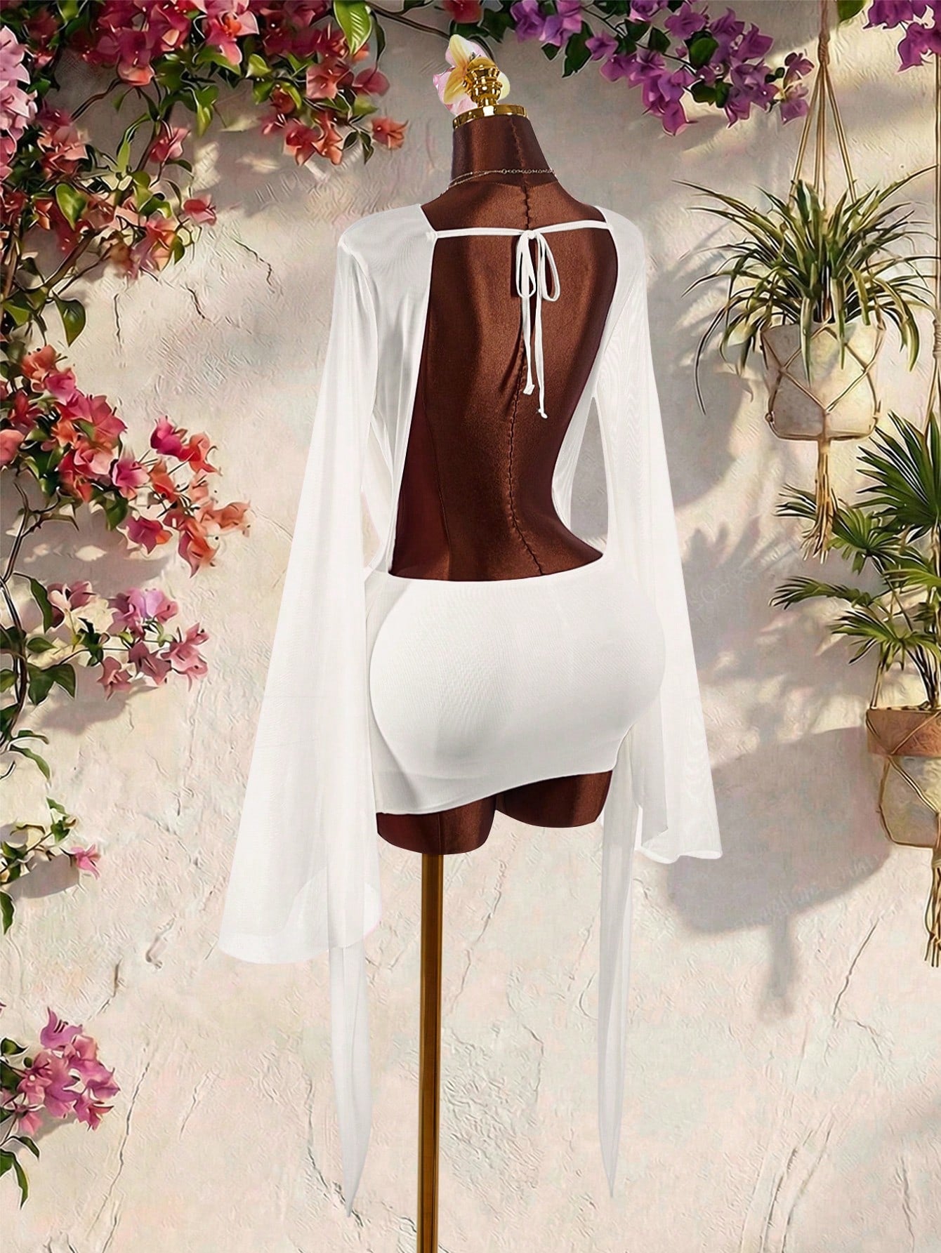 Amplova Romantic Elegant Sexy Vacation White Low Neckline Draped Collar Flared Sleeve Bodycon Mini Dress Vacation Summer