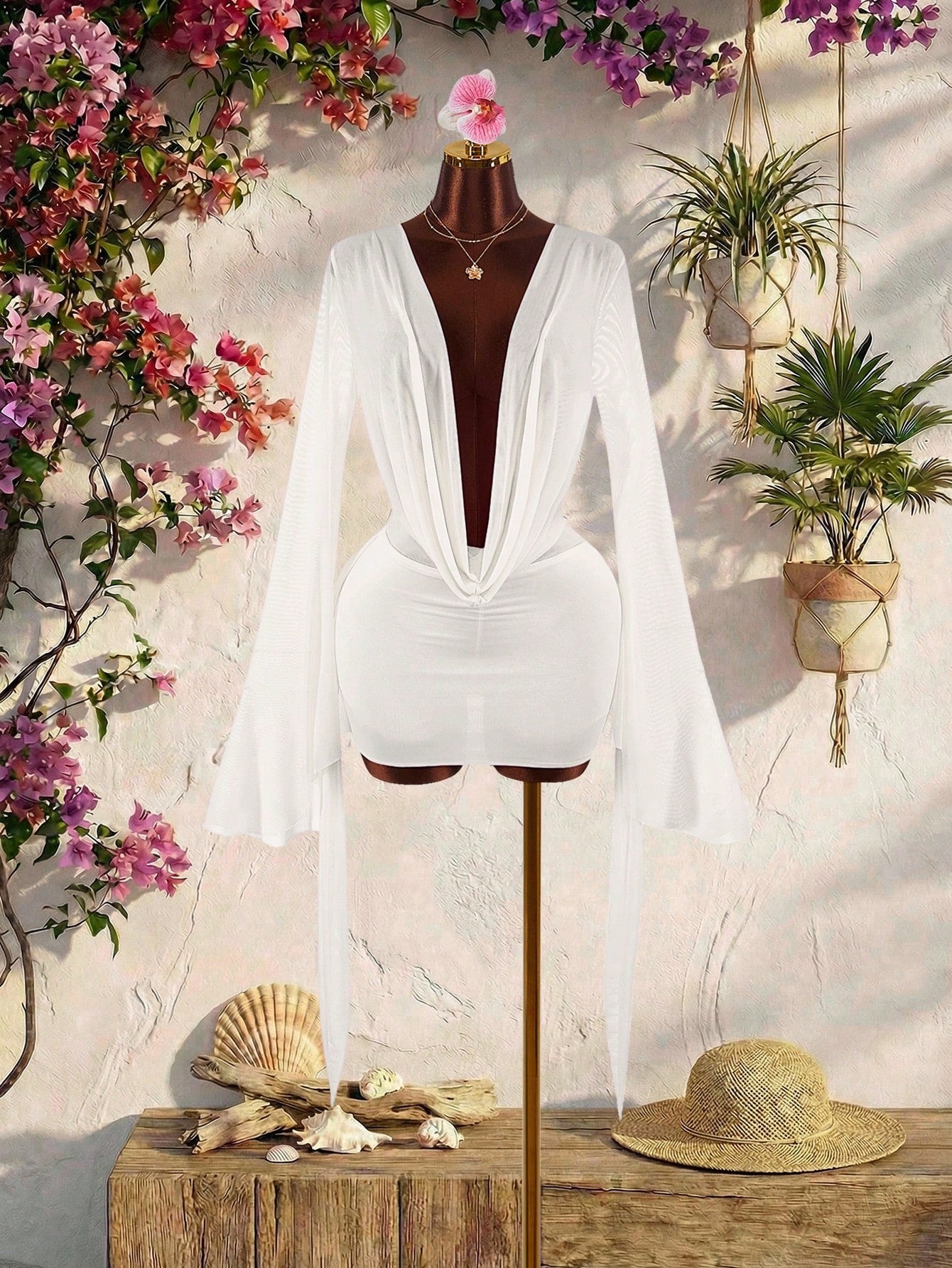 Amplova Romantic Elegant Sexy Vacation White Low Neckline Draped Collar Flared Sleeve Bodycon Mini Dress Vacation Summer