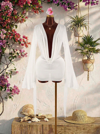 Amplova Romantic Elegant Sexy Vacation White Low Neckline Draped Collar Flared Sleeve Bodycon Mini Dress Vacation Summer