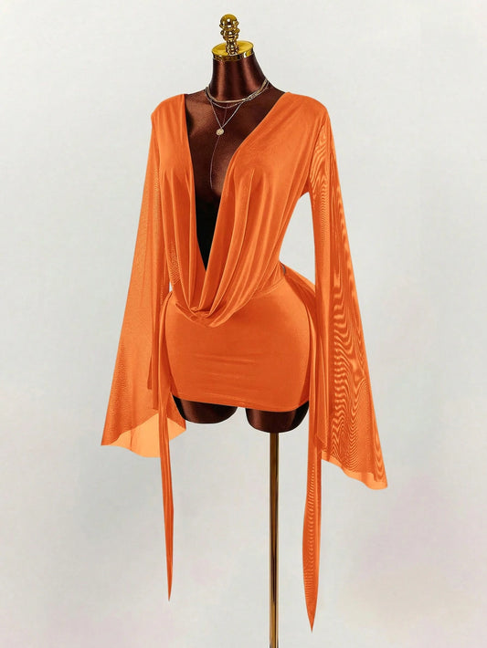 Amplova Romantic Vacation Earthy Tone Low-Cut Drape Collar, Flare Sleeve, Bodycon Mini Dress,Party Dresses For Women