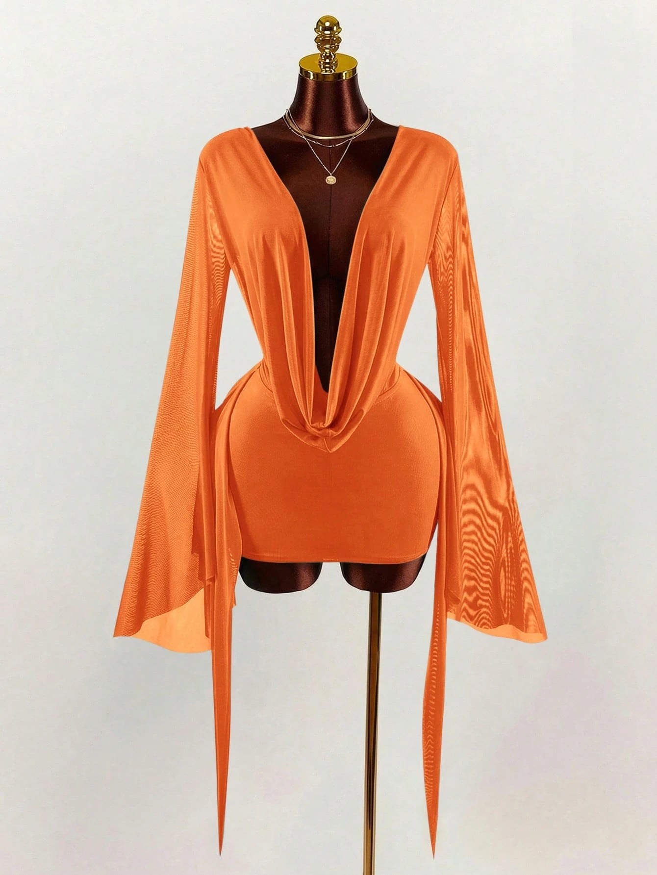 Amplova Romantic Vacation Earthy Tone Low-Cut Drape Collar, Flare Sleeve, Bodycon Mini Dress,Party Dresses For Women