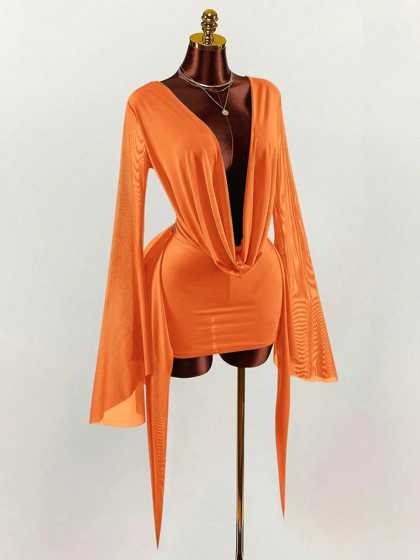 Amplova Romantic Vacation Earthy Tone Low-Cut Drape Collar, Flare Sleeve, Bodycon Mini Dress,Party Dresses For Women