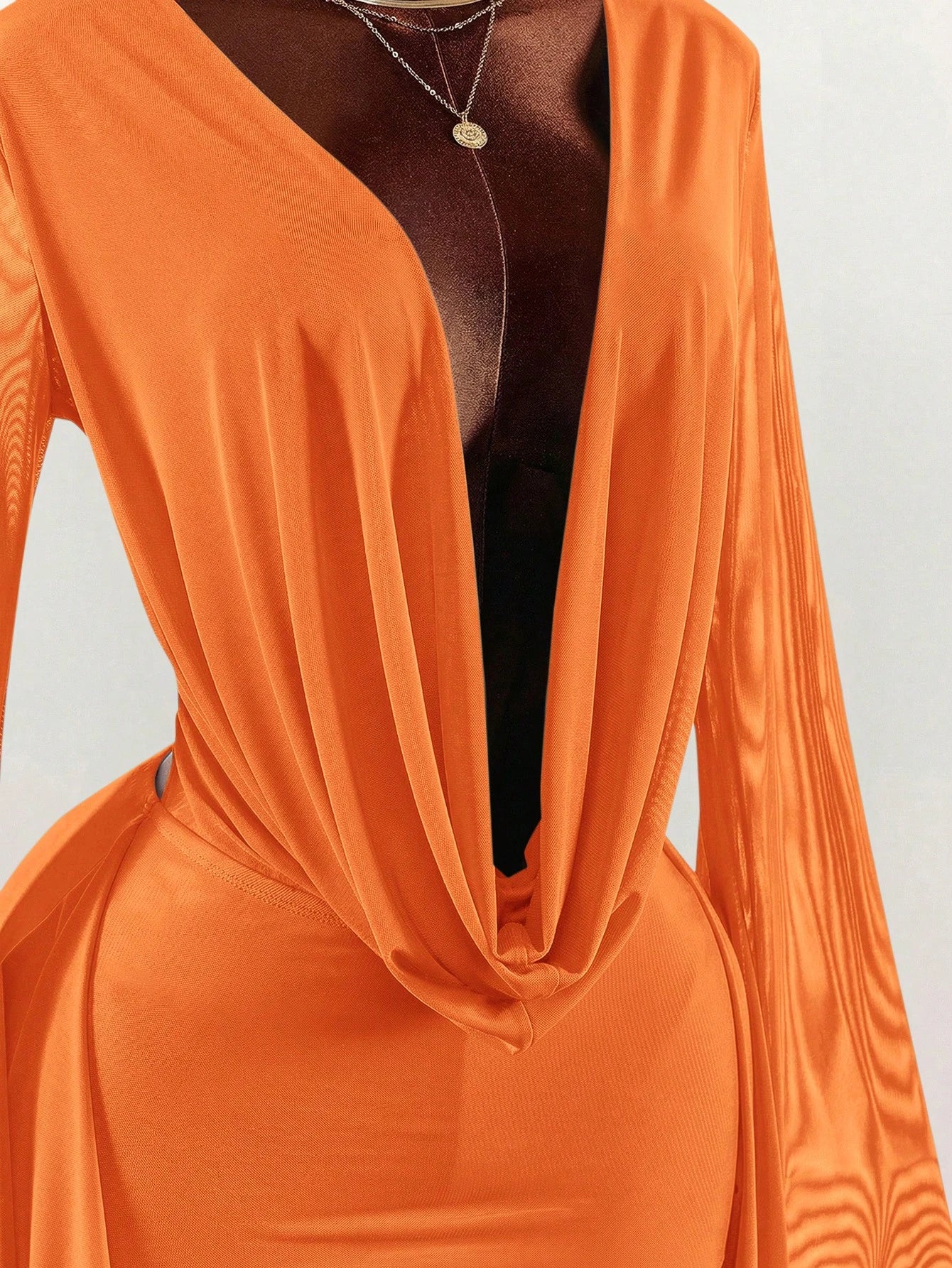 Amplova Romantic Vacation Earthy Tone Low-Cut Drape Collar, Flare Sleeve, Bodycon Mini Dress,Party Dresses For Women