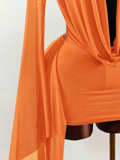 Amplova Romantic Vacation Earthy Tone Low-Cut Drape Collar, Flare Sleeve, Bodycon Mini Dress,Party Dresses For Women
