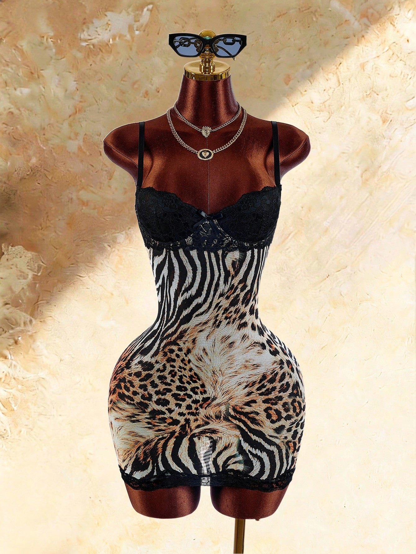 Amplova Sexy Leopard & Zebra Print Lace Patchwork Cami Dress