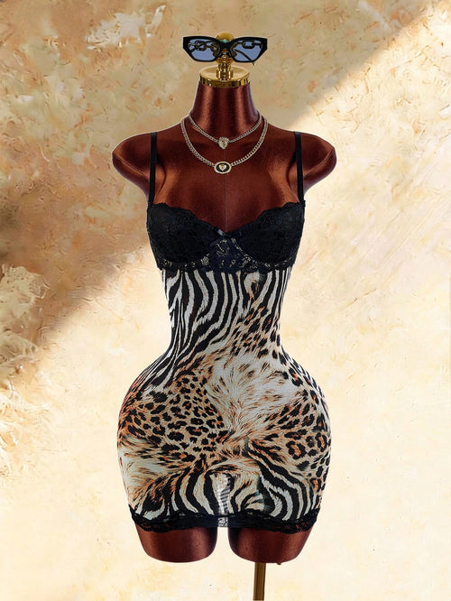 Amplova Sexy Leopard & Zebra Print Lace Patchwork Cami Dress