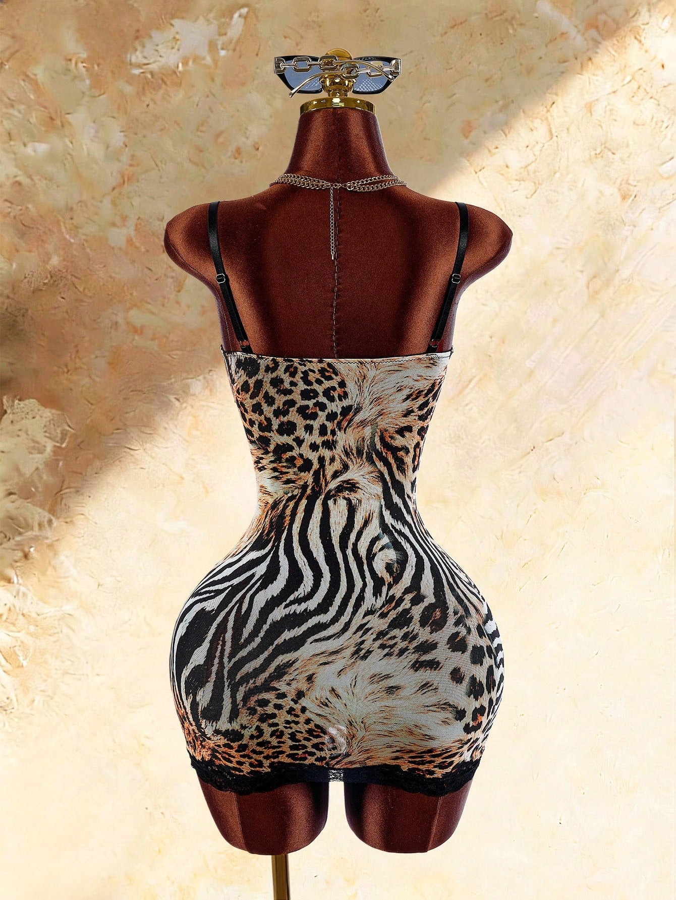 Amplova Sexy Leopard & Zebra Print Lace Patchwork Cami Dress