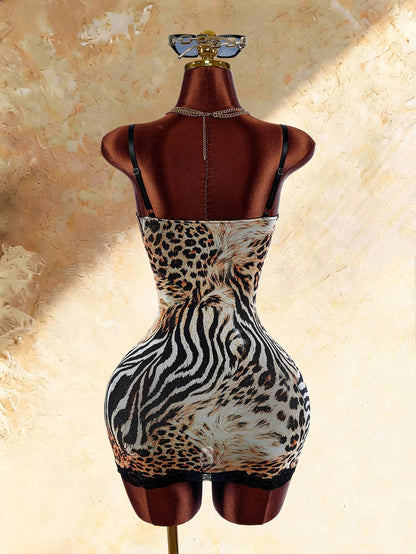 Amplova Sexy Leopard & Zebra Print Lace Patchwork Cami Dress