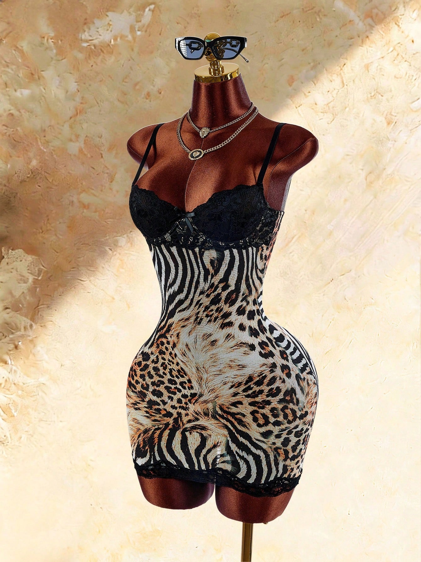 Amplova Sexy Leopard & Zebra Print Lace Patchwork Cami Dress