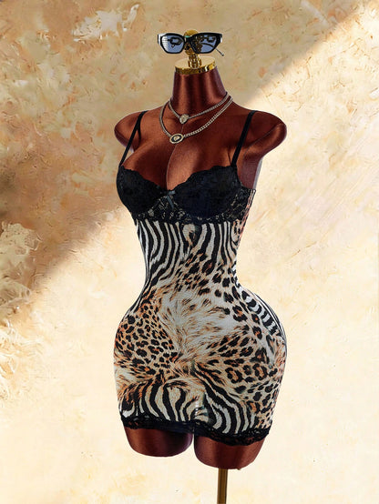 Amplova Sexy Leopard & Zebra Print Lace Patchwork Cami Dress