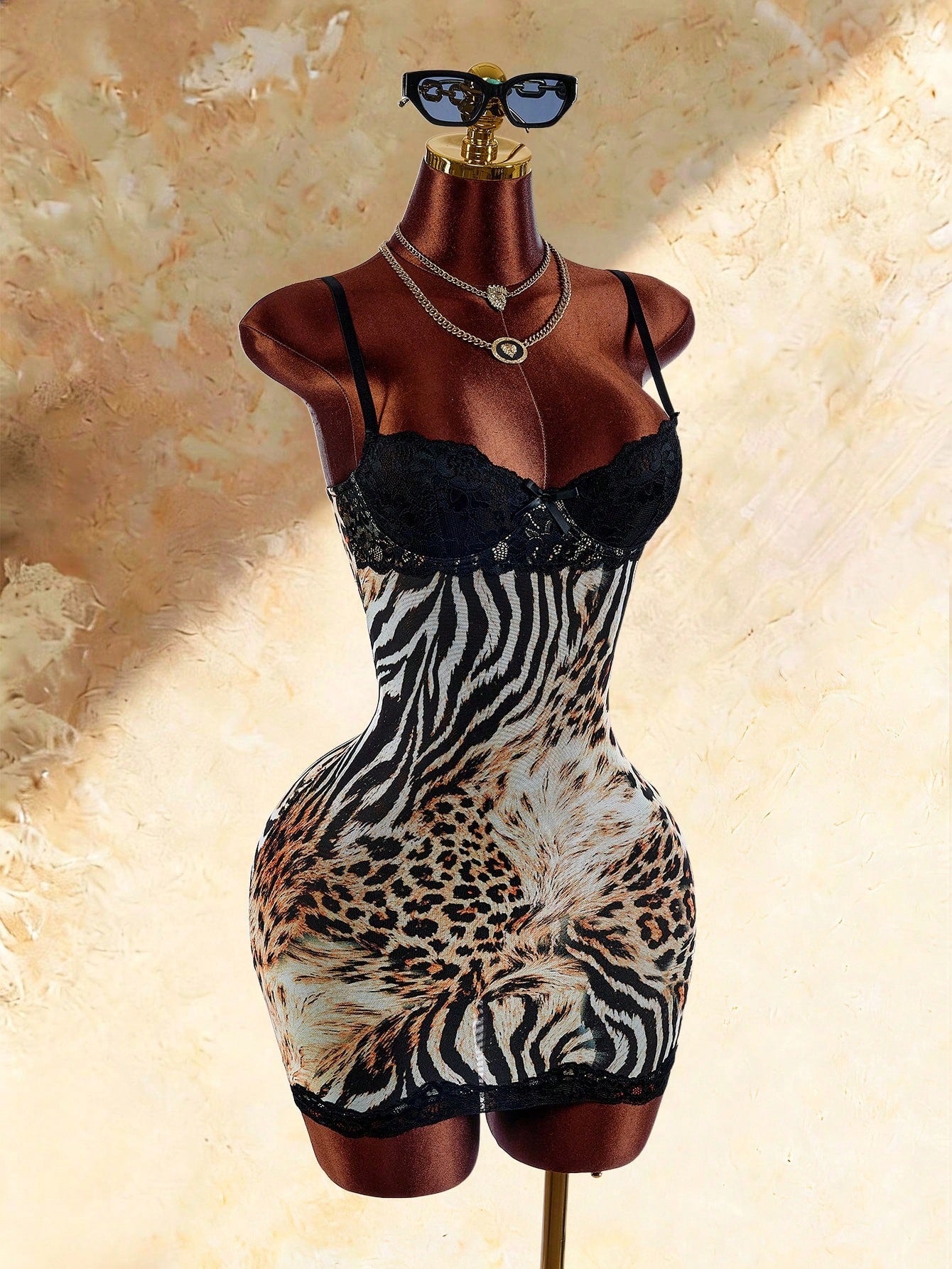 Amplova Sexy Leopard & Zebra Print Lace Patchwork Cami Dress