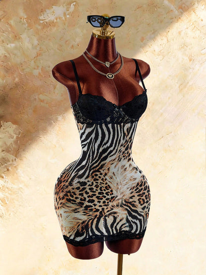 Amplova Sexy Leopard & Zebra Print Lace Patchwork Cami Dress