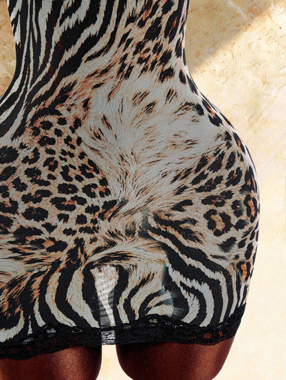 Amplova Sexy Leopard & Zebra Print Lace Patchwork Cami Dress