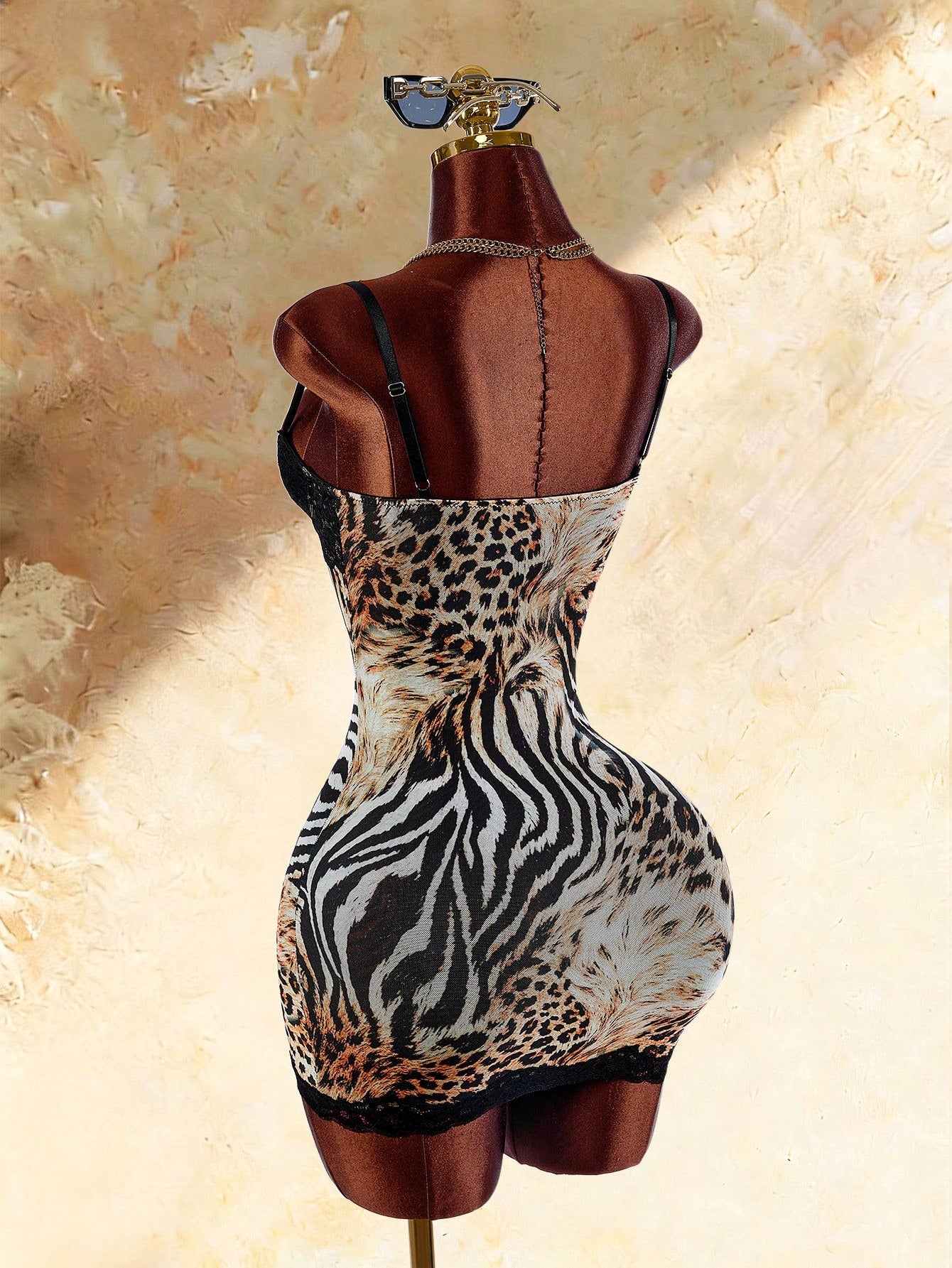 Amplova Sexy Leopard & Zebra Print Lace Patchwork Cami Dress