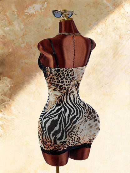 Amplova Sexy Leopard & Zebra Print Lace Patchwork Cami Dress