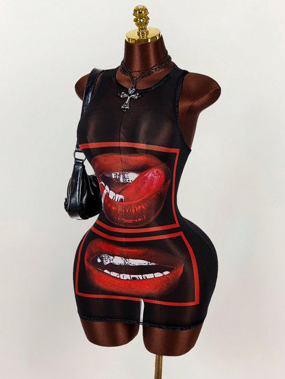 Amplova Sexy Lip Print Sheer Bodycon Mini Dress,Summer Dresses For Women