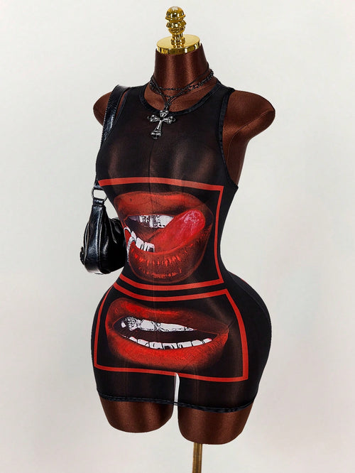 Amplova Sexy Lip Print Sheer Bodycon Mini Dress,Summer Dresses For Women