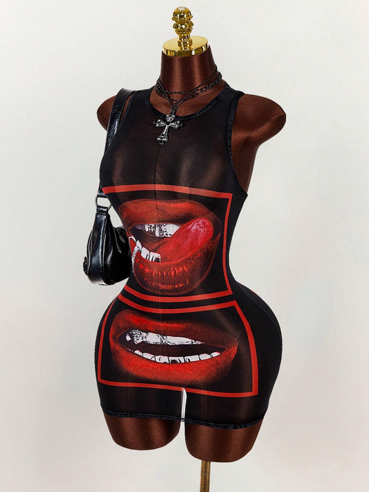Amplova Sexy Lip Print Sheer Bodycon Mini Dress,Summer Dresses For Women