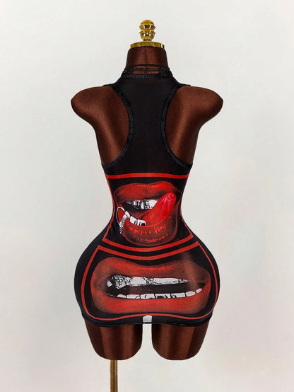 Amplova Sexy Lip Print Sheer Bodycon Mini Dress,Summer Dresses For Women
