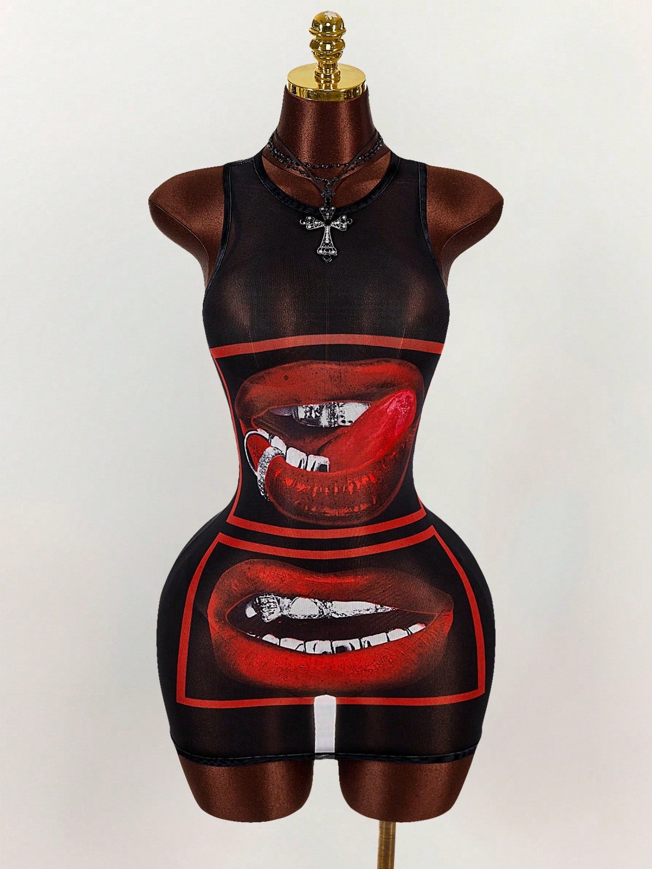 Amplova Sexy Lip Print Sheer Bodycon Mini Dress,Summer Dresses For Women