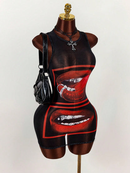 Amplova Sexy Lip Print Sheer Bodycon Mini Dress,Summer Dresses For Women