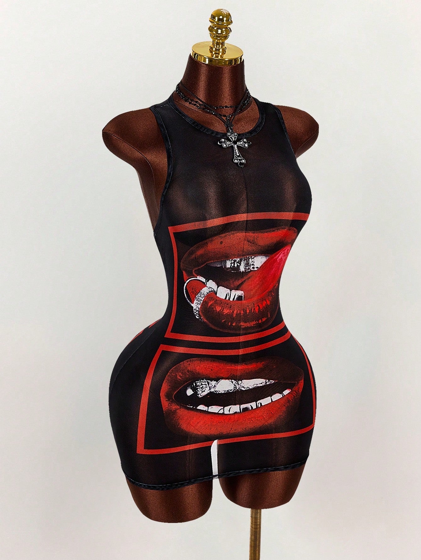Amplova Sexy Lip Print Sheer Bodycon Mini Dress,Summer Dresses For Women