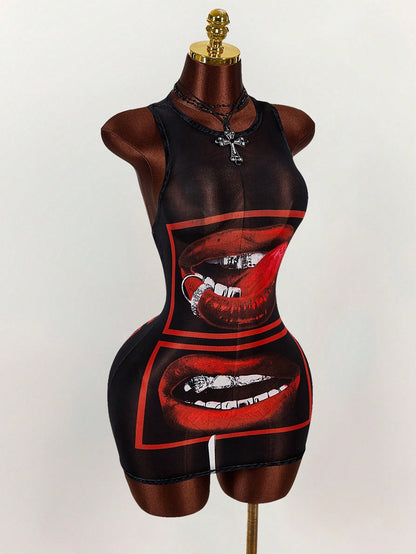 Amplova Sexy Lip Print Sheer Bodycon Mini Dress,Summer Dresses For Women
