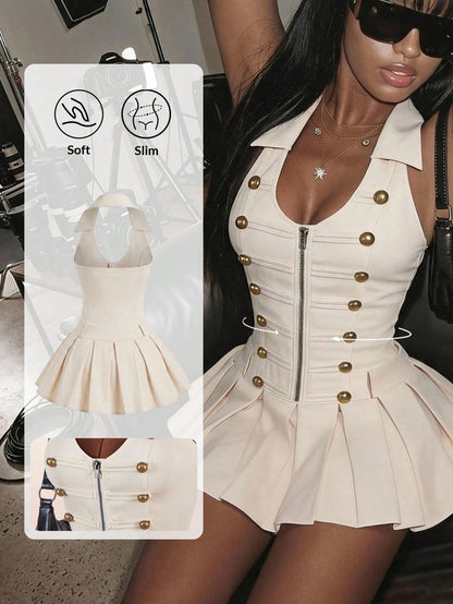 Amplova Sleeveless Sexy Fitted Napoleon Split Pleated Skirt With Hook-And-Eye Metal Zipper And Metal Buttons Women's Sexy Mini Dress Night Out White And Gold