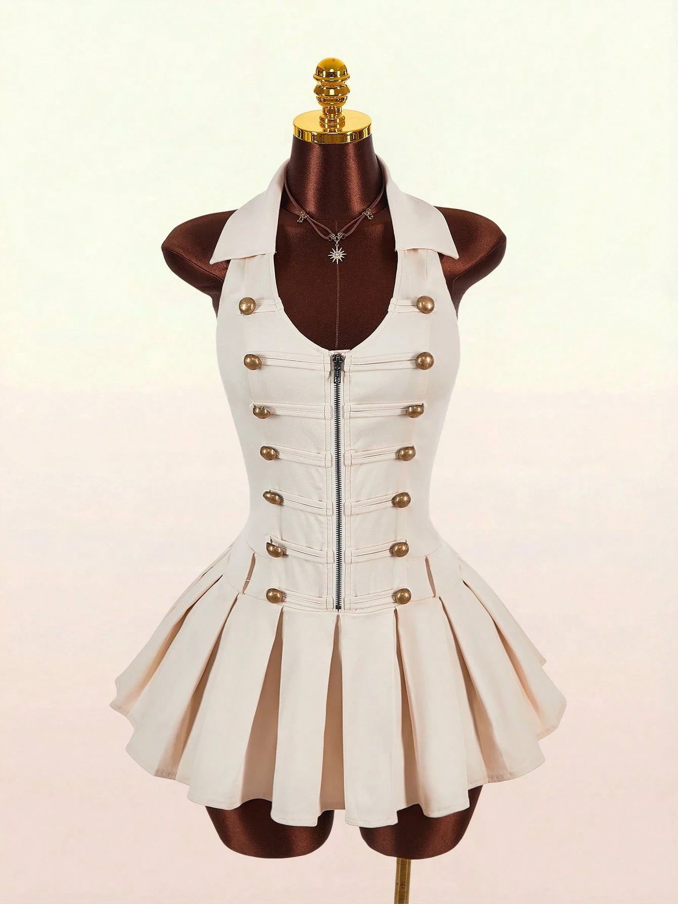 Amplova Sleeveless Sexy Fitted Napoleon Split Pleated Skirt With Hook-And-Eye Metal Zipper And Metal Buttons Women's Sexy Mini Dress Night Out White And Gold