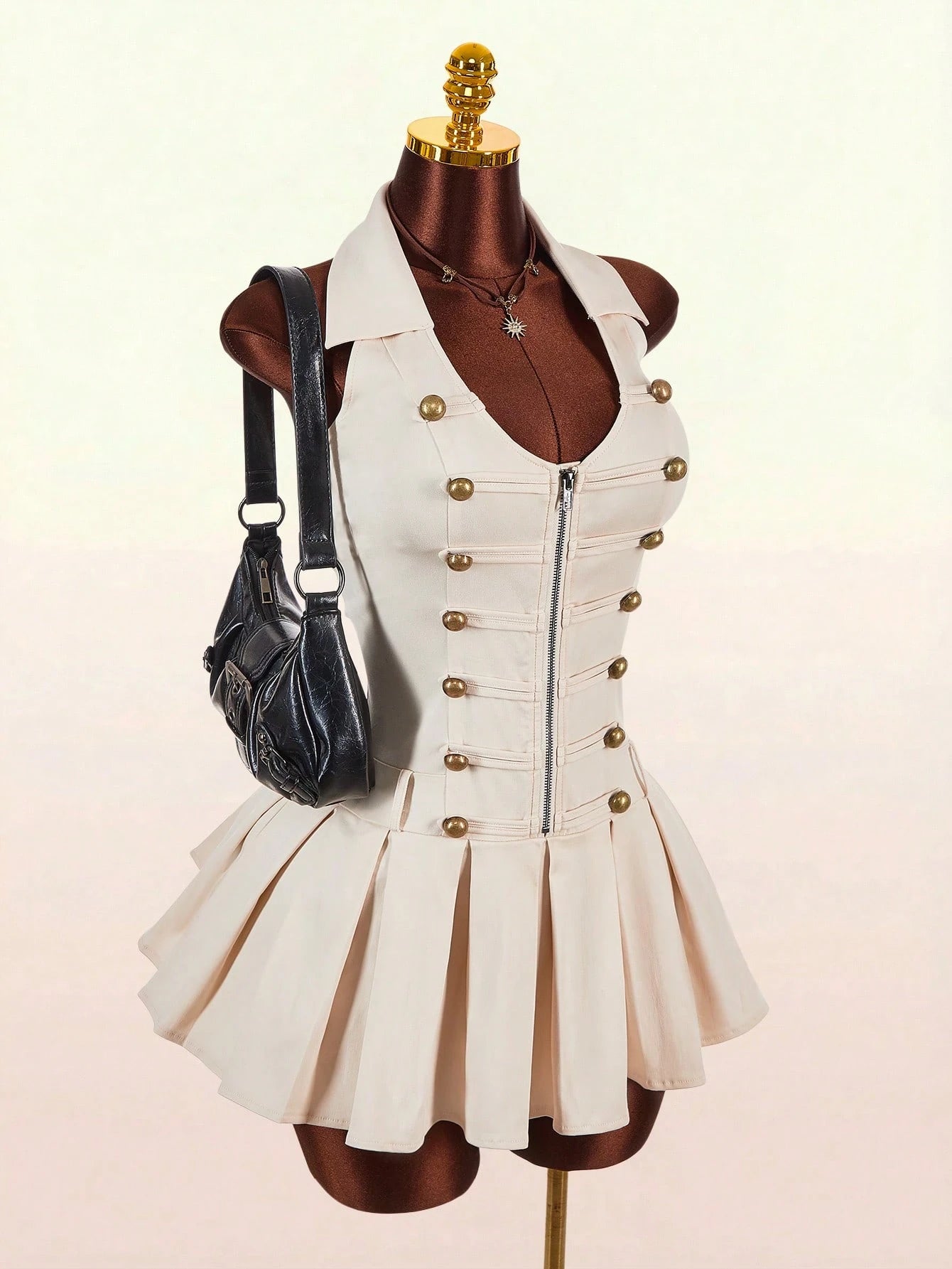 Amplova Sleeveless Sexy Fitted Napoleon Split Pleated Skirt With Hook-And-Eye Metal Zipper And Metal Buttons Women's Sexy Mini Dress Night Out White And Gold