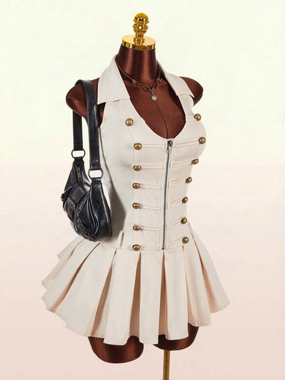 Amplova Sleeveless Sexy Fitted Napoleon Split Pleated Skirt With Hook-And-Eye Metal Zipper And Metal Buttons Women's Sexy Mini Dress Night Out White And Gold