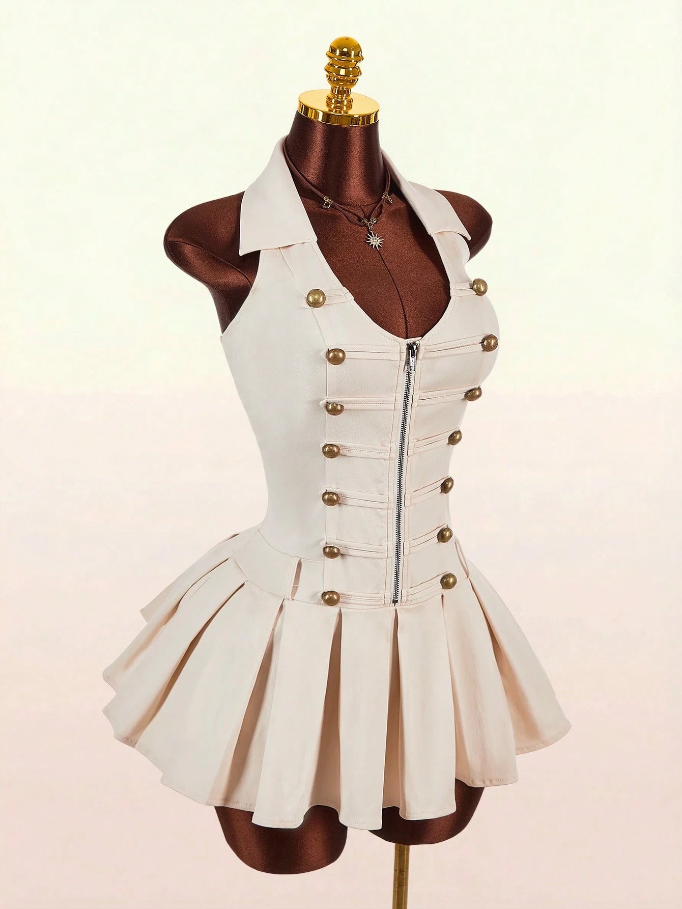 Amplova Sleeveless Sexy Fitted Napoleon Split Pleated Skirt With Hook-And-Eye Metal Zipper And Metal Buttons Women's Sexy Mini Dress Night Out White And Gold