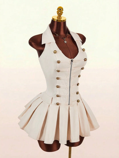Amplova Sleeveless Sexy Fitted Napoleon Split Pleated Skirt With Hook-And-Eye Metal Zipper And Metal Buttons Women's Sexy Mini Dress Night Out White And Gold