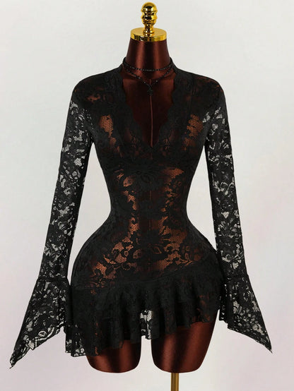 Amplova Summer Hippie Style Sheer Low-Cut Mini Dress For Women,Dresses For Women Party,Party Dresses For Women