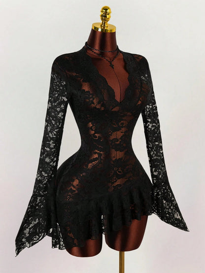 Amplova Summer Hippie Style Sheer Low-Cut Mini Dress For Women,Dresses For Women Party,Party Dresses For Women