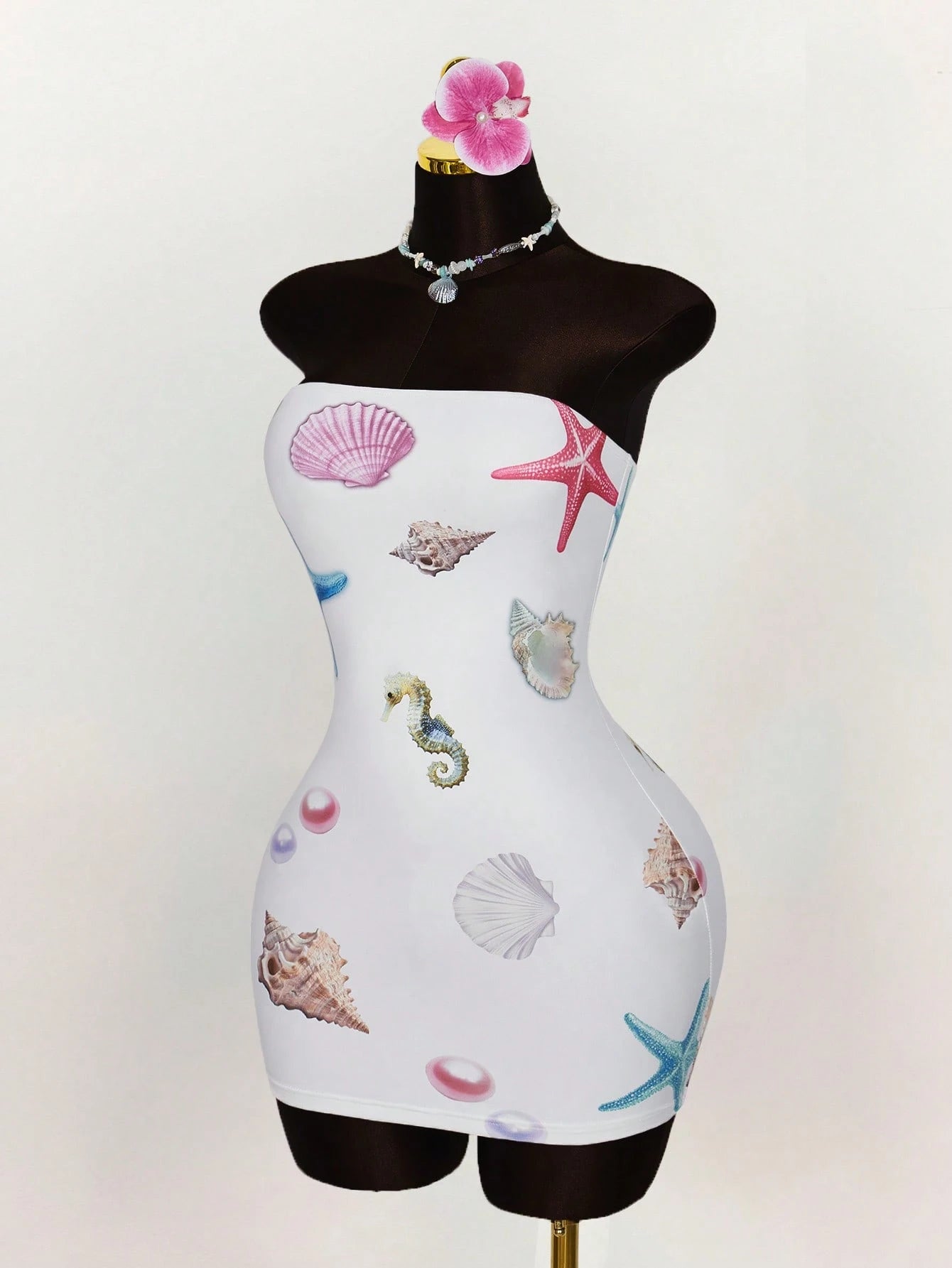 Amplova Summer Outfits For Women Vacation Undersea Creature Pattern Strapless All-Over Underwater Print Bodycon Mini Dress White Tropical Beach