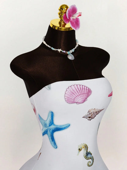 Amplova Summer Outfits For Women Vacation Undersea Creature Pattern Strapless All-Over Underwater Print Bodycon Mini Dress White Tropical Beach
