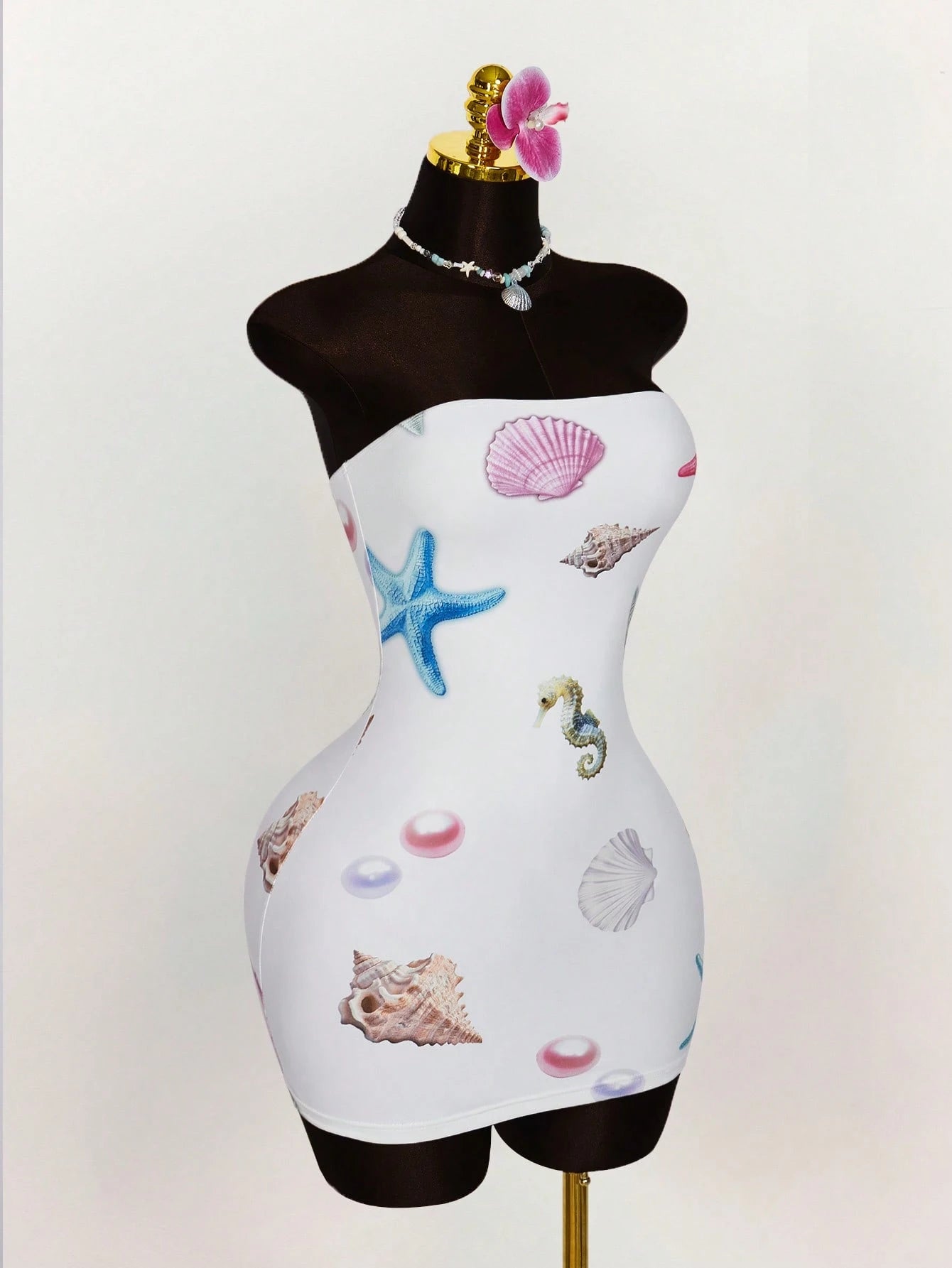 Amplova Summer Outfits For Women Vacation Undersea Creature Pattern Strapless All-Over Underwater Print Bodycon Mini Dress White Tropical Beach