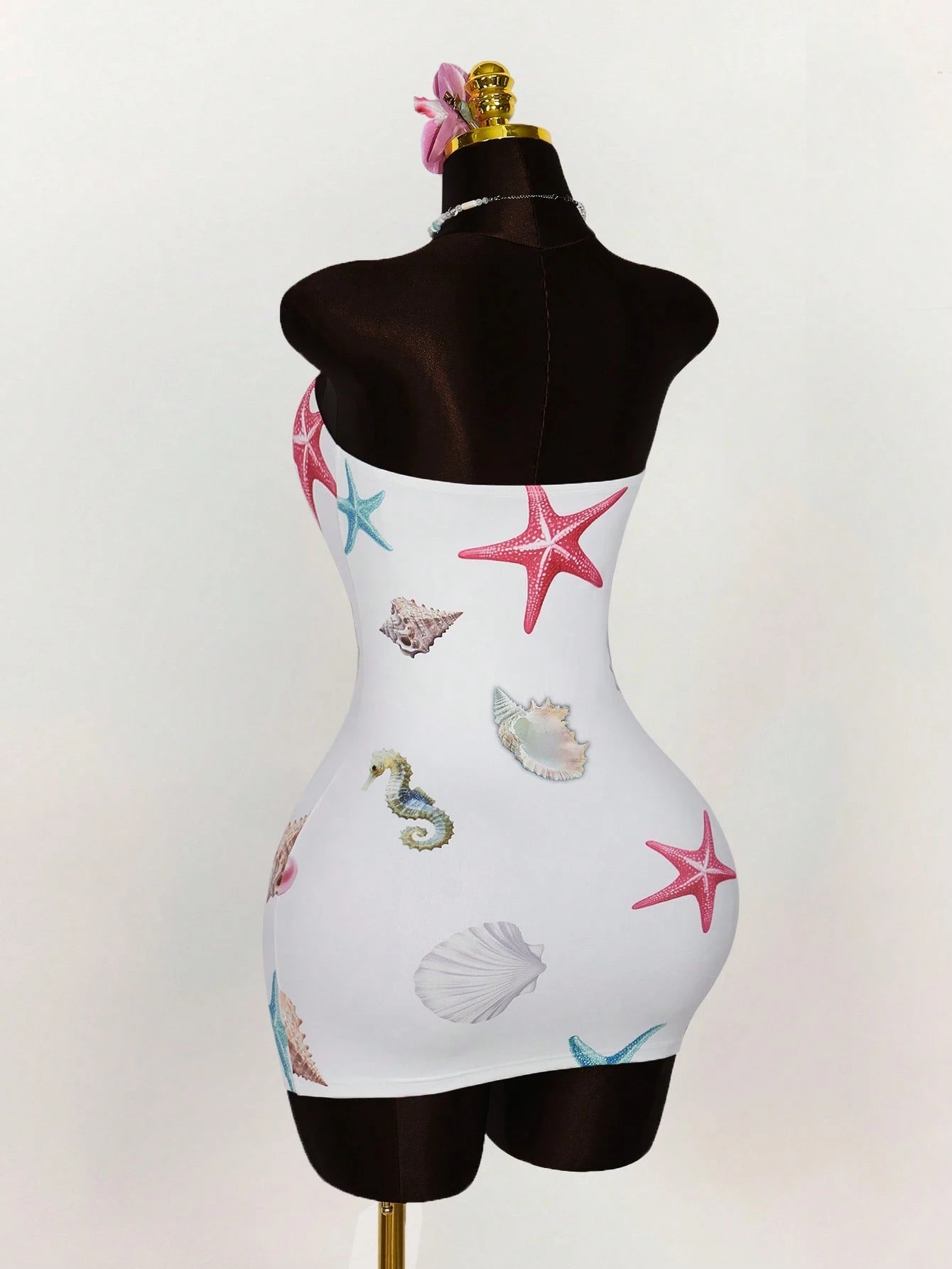 Amplova Summer Outfits For Women Vacation Undersea Creature Pattern Strapless All-Over Underwater Print Bodycon Mini Dress White Tropical Beach