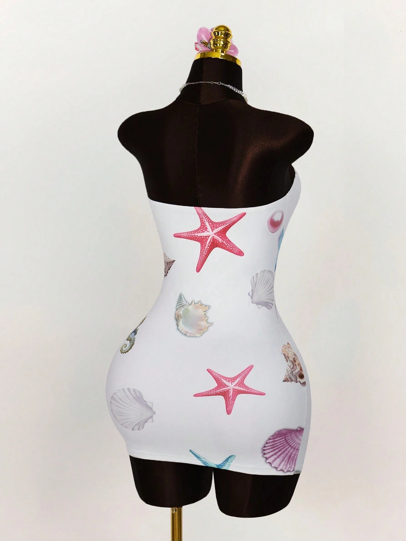 Amplova Summer Outfits For Women Vacation Undersea Creature Pattern Strapless All-Over Underwater Print Bodycon Mini Dress White Tropical Beach
