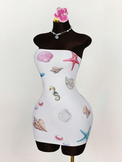 Amplova Summer Outfits For Women Vacation Undersea Creature Pattern Strapless All-Over Underwater Print Bodycon Mini Dress White Tropical Beach
