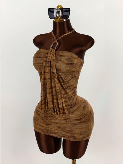 Amplova Summer Vintage Wild Street Show Tiger Print Halter Bodycon Mini Dress For Women,Club Party Night Out Outfits Women Sexy,Boho Clothes Women Brown