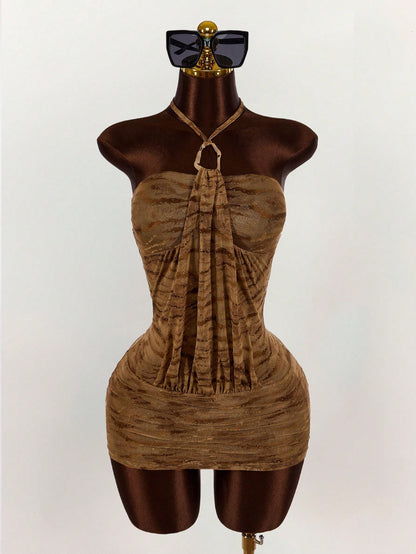 Amplova Summer Vintage Wild Street Show Tiger Print Halter Bodycon Mini Dress For Women,Club Party Night Out Outfits Women Sexy,Boho Clothes Women Brown